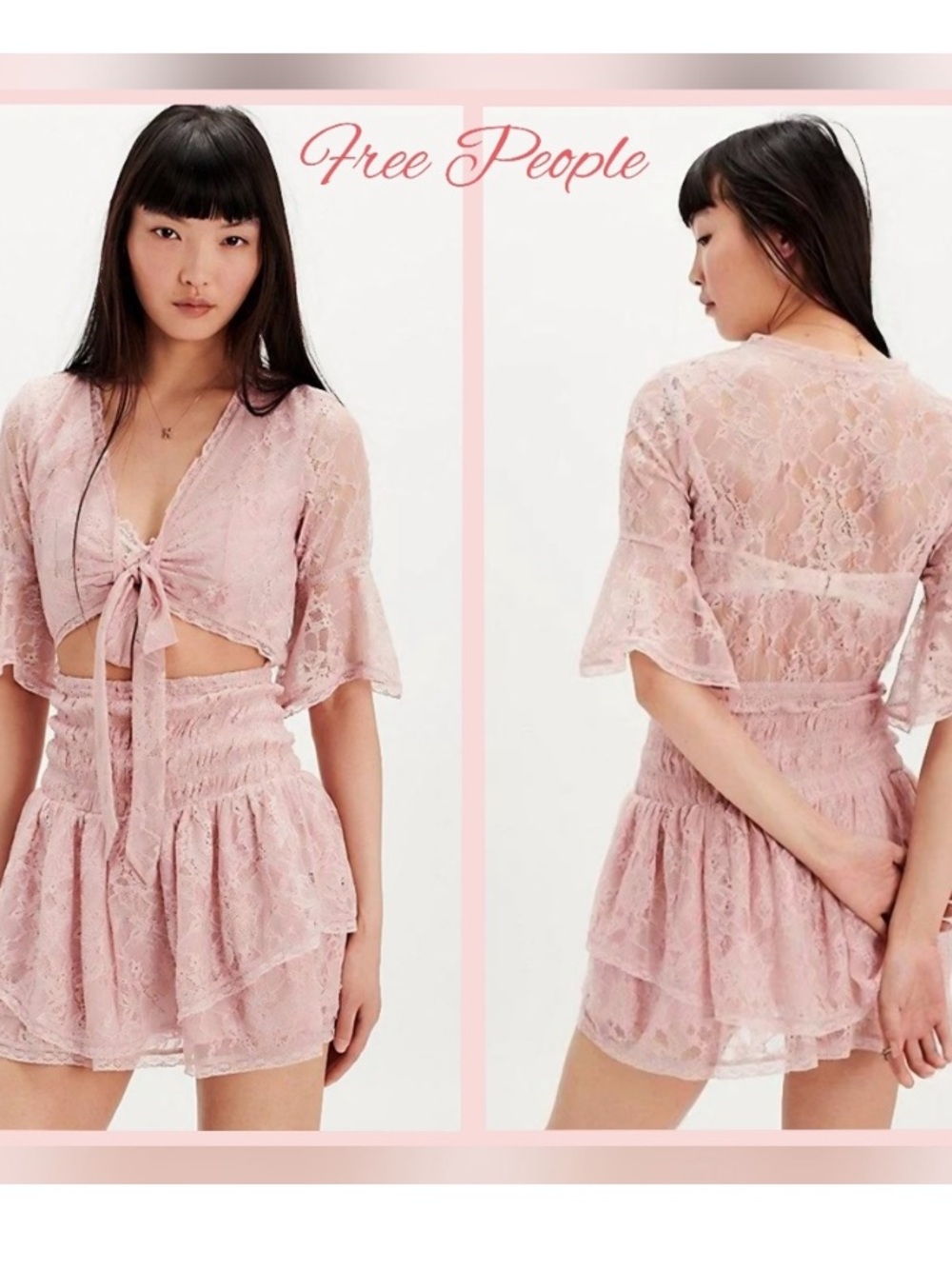 Free People lala Pink Lace Tie-Front mini dress New